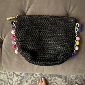 Chic Black Clutch with Multicolor Pom Poms